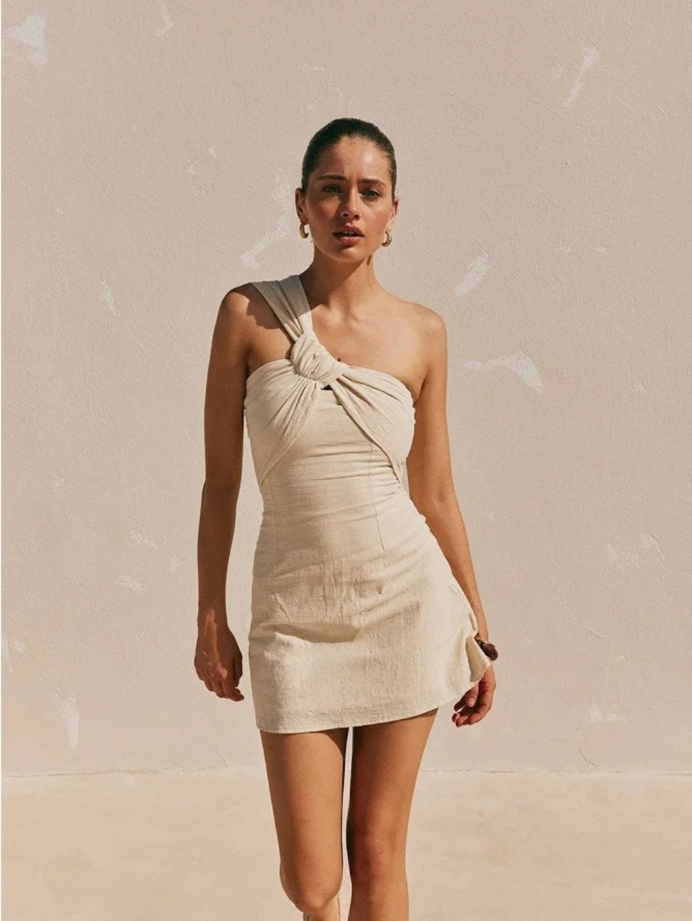 Sabo Skirt One-Shoulder Knot Mini Dress in Cream